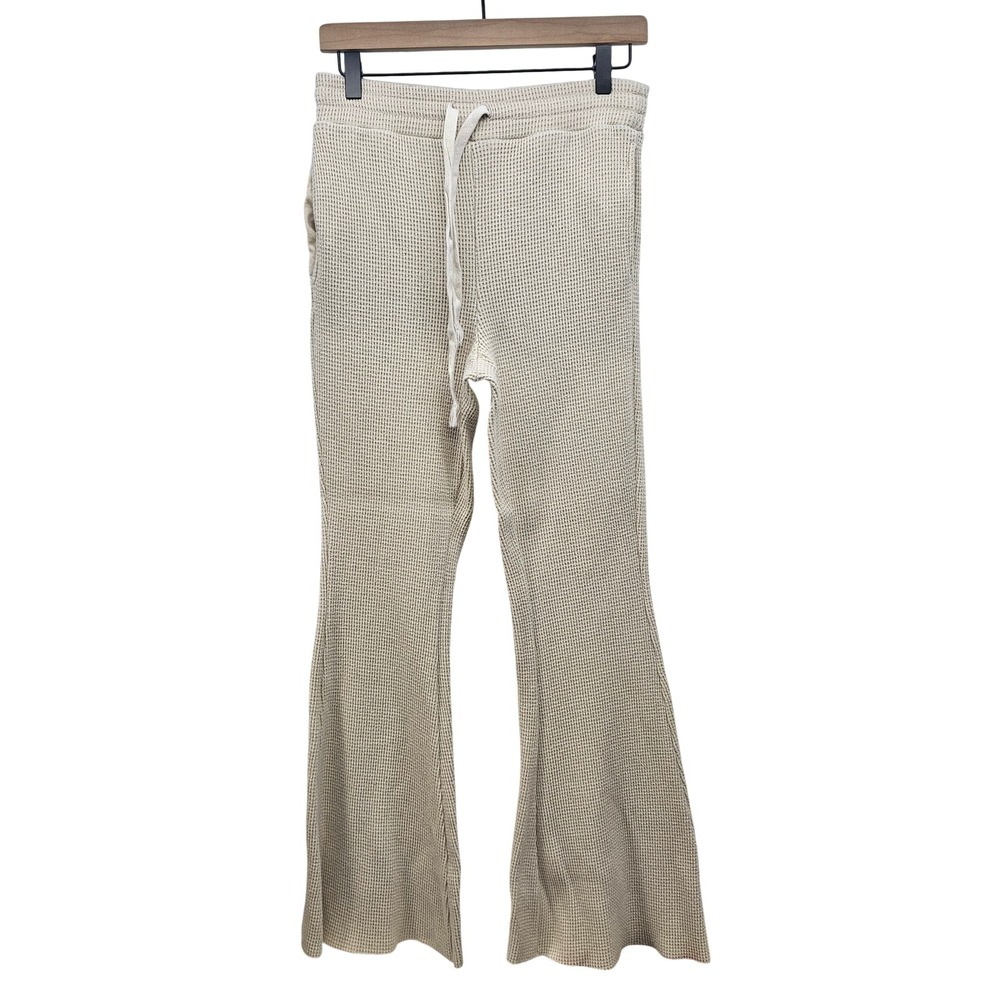 American Eagle Women Oatmeal Waffle Knit Flare Wide Leg Lounge Pants Medium